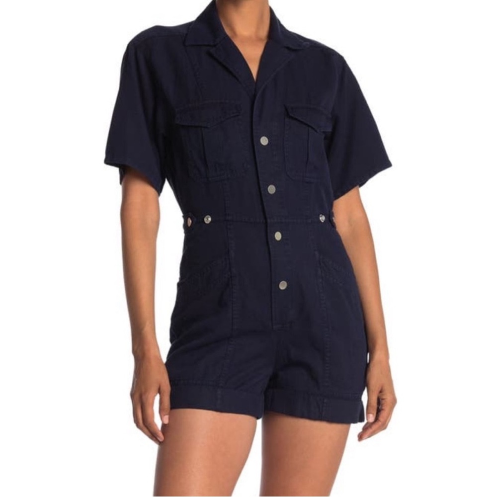 NWT ALC Penny Utility Romper Navy Short Sleeve Womens 14 Cotton Linen
